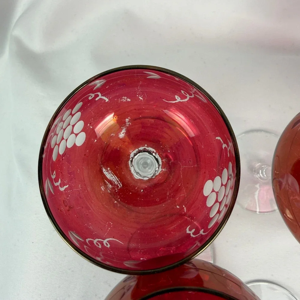Vintage Cranberry Glass Cordial Set 6 Red Etched Grape Vine Clear Stem Barware
